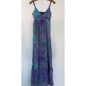Passport Maxi Dress M Purple Teal Peacock Pattern Babydoll Empire Waist Beach